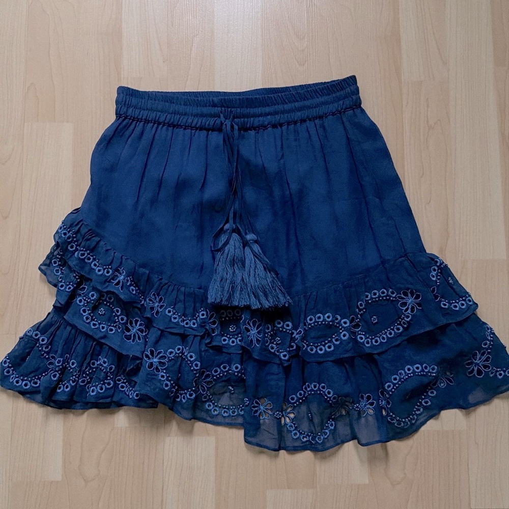 NWT Karina Grimaldi Nora blue embroidered silk mini skirt, size XS